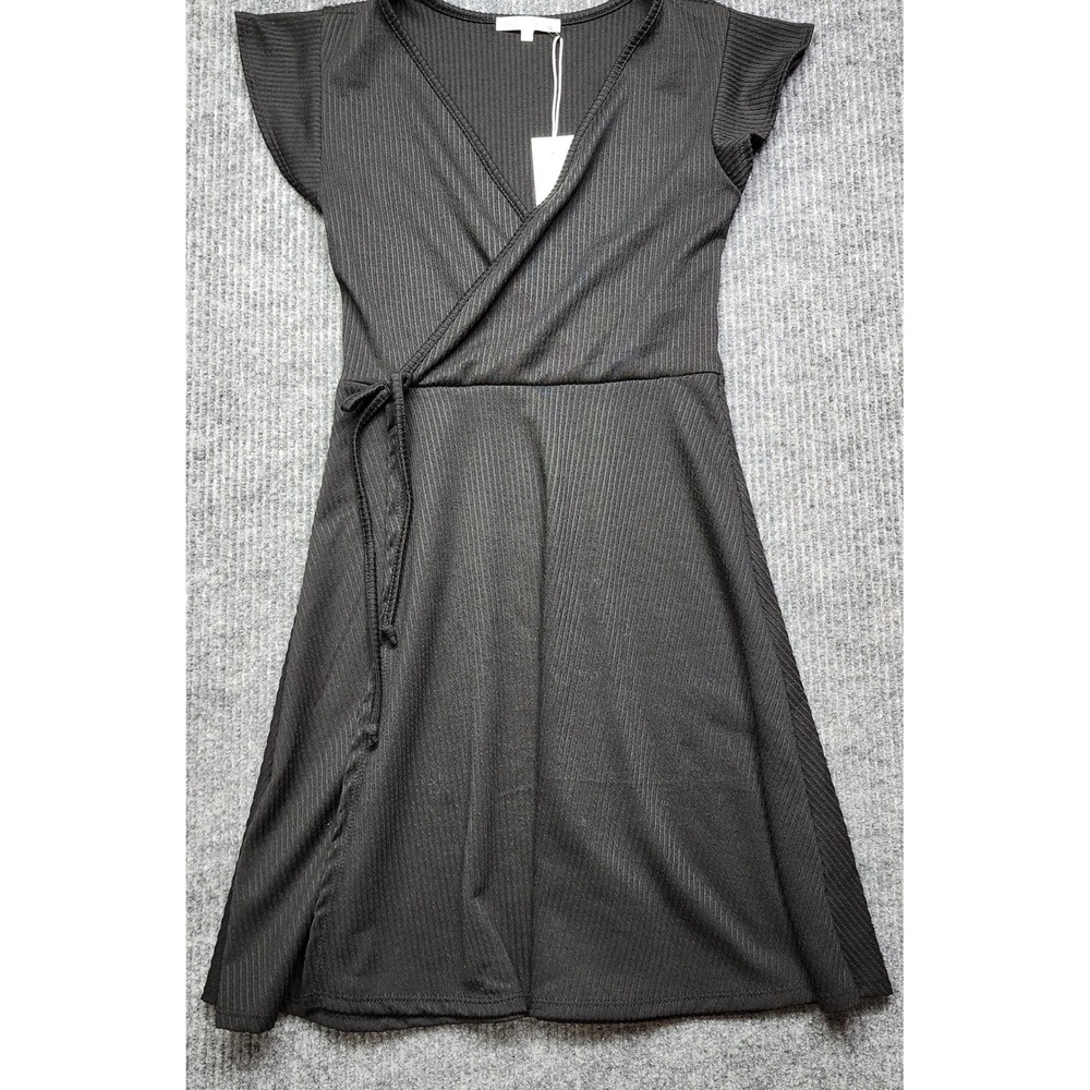 Antistar Black Ribbed Wrap Mini Dress Short Sleeve V-Neck AM0306C Womens Small